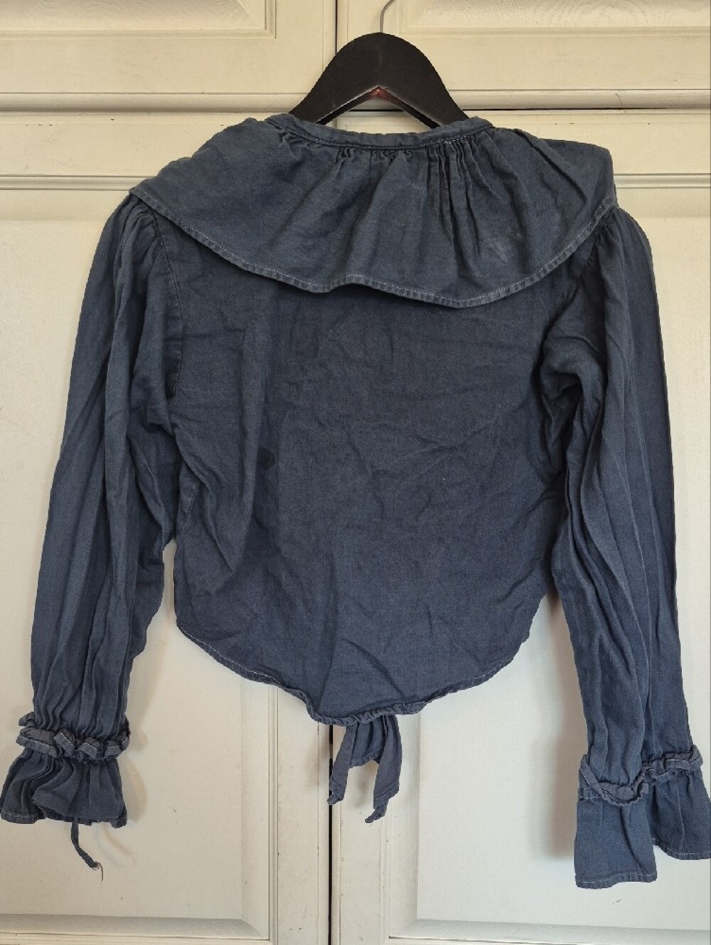 Lace-Up Ruffle Front Navy Women's Blouse - Picture 6 of 7